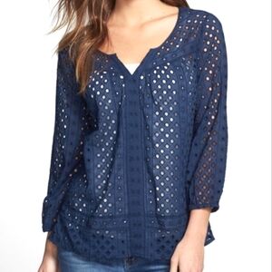 Lucky Brand Brea Eyelet Popover Top Navy Blue Boho Bohemian Size Small